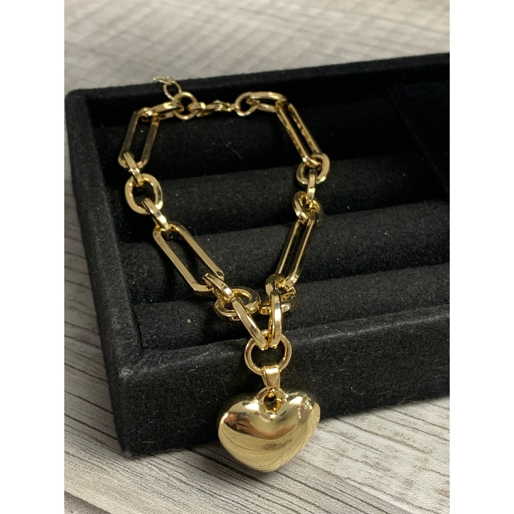 Gold Tone Paperclip Chain Bracelet with Puffy Heart Charm Adjustable 5255